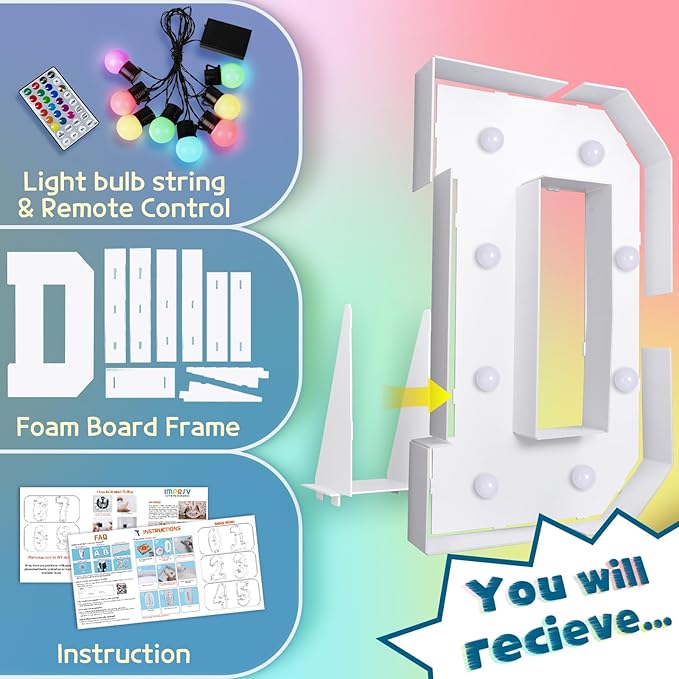 imprsv 3FT Colorful Marquee Letters D, 18 Colors Large Light up Letters Alphabet Sign with Remote, Big Marry Me Sign, Birthday Party Decorations Anniversary Wedding Decoration