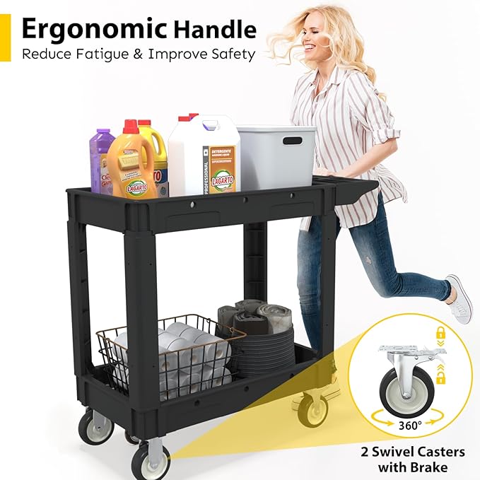 Heavy Duty Utility Rolling Tool Cart, 550 lbs Capacity Utility Service Cart with Two Trays and Wheels, 40 x 17-Inch Rolling Service Carts Huge Storage, Garage, Warehouse, Workshop, Black