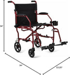 Medline Ultra Lightweight Transport Wheelchair for Adults, Foldable, 19-Inch Seat Width, Red Frame, Black Upholstery
