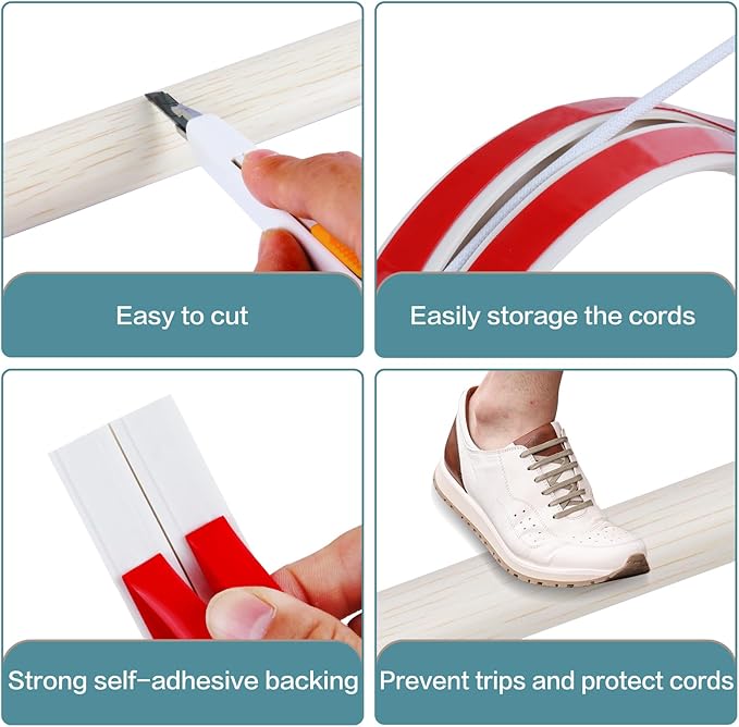 Floor Cord Cover Self Adhesive Cord Hider Floor Extension Cord Covers for Floor Power Cord Protector Cable Management Prevent Cable Trips Cable Cavity 0.32" W x 0.32" H (Beige Wood, 20Ft)