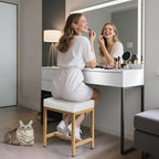 Saddle Seat Vanity Stool, Makeup Stool Chair with Metal Leg, U-Shaped Ottoman Foot Rest Stool, Small Square Chairs Under Desk for Vanity, Living Room, Bedroom, Modern Makeup Bench Linen White&Gold