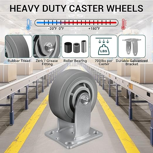 5'' × 2'' Caster Wheels, Heavy Duty Industrial Casters Set of 4 Rubber Wheels, Load 2800lbs Capacity, Swivel Caster for Cart Dolly Toolbox (2 Swivel & 2 Rigid)