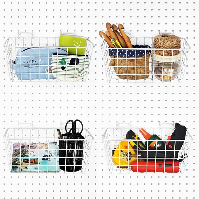G.CORE 4 Pack Pegboard Baskets, Metal Shelves Hooks to 1/8" 1/4" Peg Boards, Peg Board Baskets Bins Set - Organize Tools Workbench Accessories Garage Storage Wall Mount Organizer Attachments
