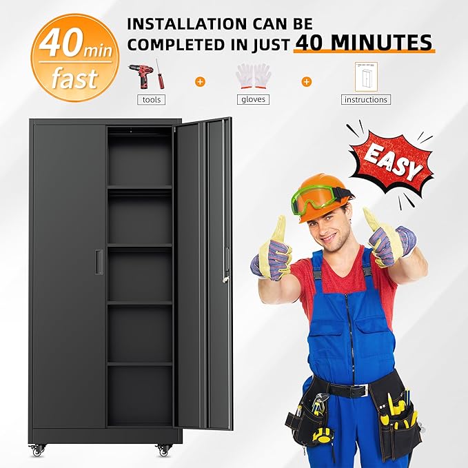 INTERGREAT Metal Storage Cabinet with Wheels, 72" Garage Storage Cabinets with Door and 4 Shelves, Tool Storage Locker on Caster for Home, Office, Black