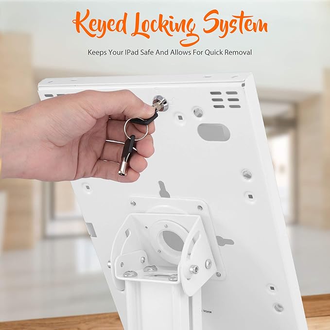 Pyle Anti Theft Tablet Security Stand - Table Mount Desktop Ipad Kiosk Stand w/Lock and Key Mechanism, 90° Rotate 75° Tilt - iPad, iPad Air, iPad Pro, Samsung Galaxy Tab A (2021) PSPADLK18, White