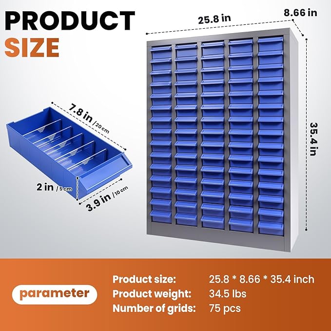 Nut and Bolt Storage Cabinet with ABS Drawer,Steel Small Parts Storage Organizer,36" H X 9" D X26 W Screw Organization for Garage Hardware,Nails,Fastener,Bolts,Nuts,and More (75 ABS Drawers)