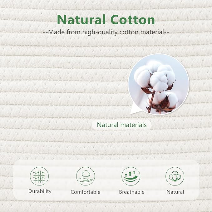 Cotton Rope Basket, Storage Baskets with Handle, 15x10x9 Inch Woven Basket for Shelves, Laundry, Towels, Clothes, Books (White 3Pack)