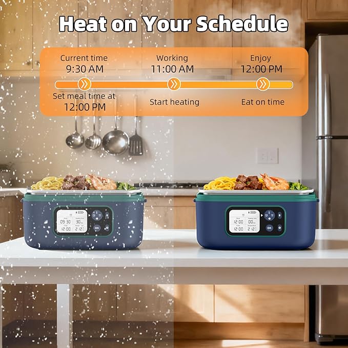 Dravel Cordless Heated Lunch Box for Men, 6.3 Cup 100W Electric Lunch Box Food Warmer with 24000mAh Battery for Self Heating, Including Cutlery, Insulated Bag and Divider for Women Adults(Blue+Green)