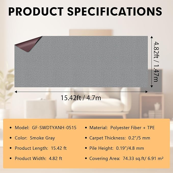 Marine Carpet,5 FT x 15 FT Smoke Gray Indoor Outdoor Carpet 0.2" Thick Boat Carpet with Water-Proof TPE Backing, Non-Slide Outdoor Marine Carpet Roll for Home, Patio, Porch, Deck