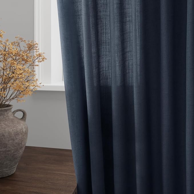 Nanspring Vintage Blue Linen Curtains 84 Inch Length 2 Panels Set for Living Room Rod Pocket Back Tab Light Filtering Window Drapes for Bedroom Dining Room Protect Privacy Vintage Country Decor