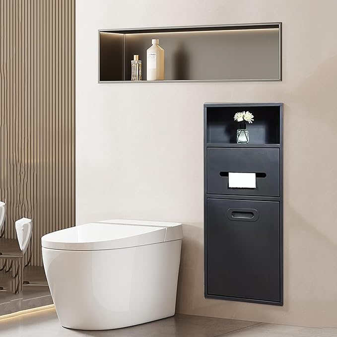 Stainless Steel Shower Nich, 25.4X11.2IN Recessed Waterproof Bathroom Niche, Built-in Trash Can Alcove, Toilet Paper Toiletries Storage Rack for Kitchen Living Room Bedroom Hotel Residential