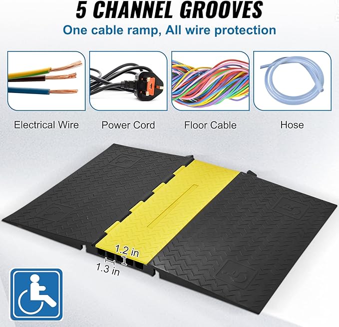 VEVOR 5 Channel Rubber Cable Protector Ramp, Heavy Duty 22000 lbs/axle Capacity Wire Hose Cord Cover Ramp, ADA Compliant Driveway Road Hump, Traffic Speed Bump w/Flip-Open Top Cover