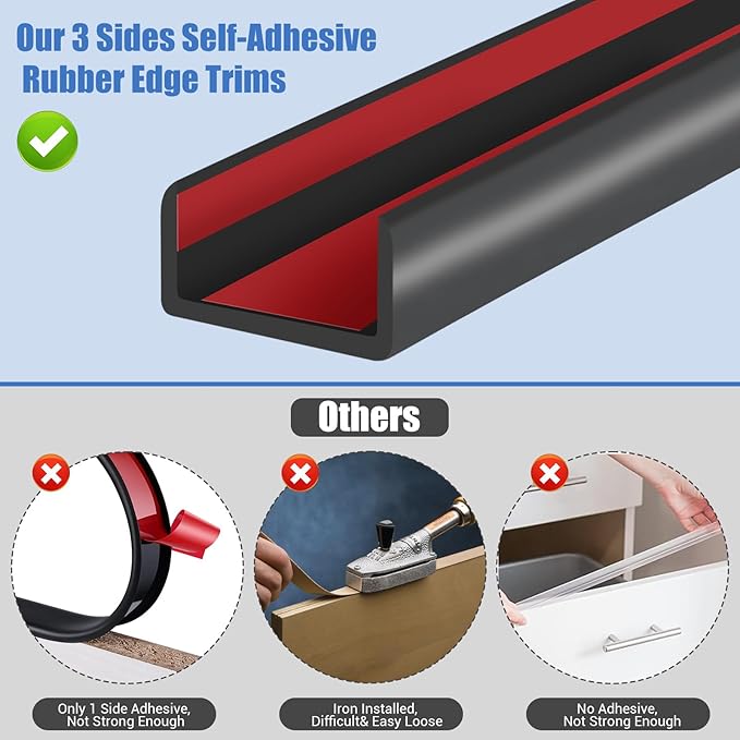 Rubber Edge Trim, Self-Adhesive U Shaped Edge Protector for Plywood, Cabinet, 1-7/8" Wood Edge Banding, Flexible Furniture Repair, EPDM Material, Fit 1-7/8"(48mm), Length 20Ft, Black