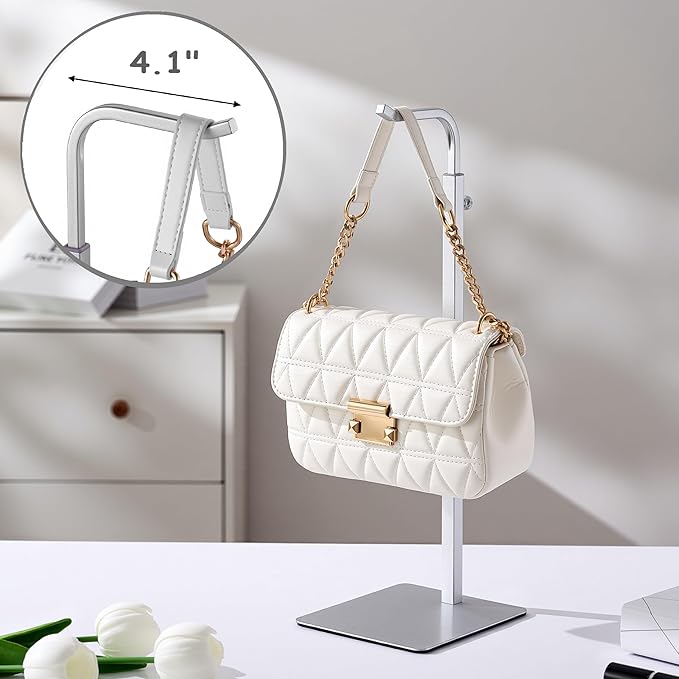 Purse Holder Handbag Display Stand: Silver Hanger Rack for Bags, Purses, and Wreath, Adjustable Hook Stand for Tabletop, Closet, and Retail Use for Vendors