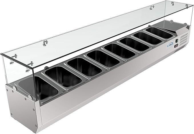 KoolMore SDC-8P-SG Condiment Prep Rail Station with Sneeze Guard, 71 Inch, Silver