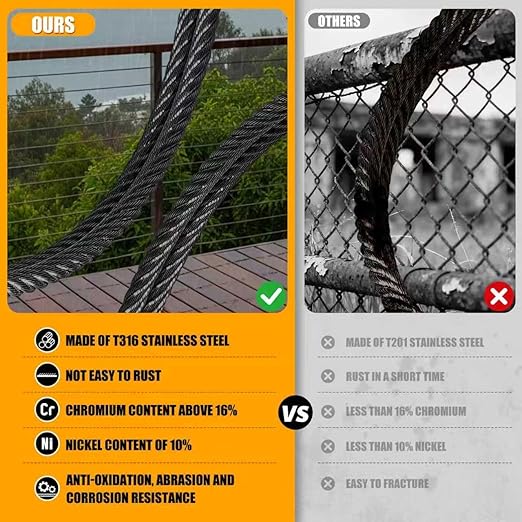AHEONLAR 500FT 1/8" T316 Stainless Steel Cable for Railing,7x7 Wire Rope with Cutter,1850 lb Breaking Strength,Deck Stair Fence Hardware Kit for Indoor Outdoor Use,Black