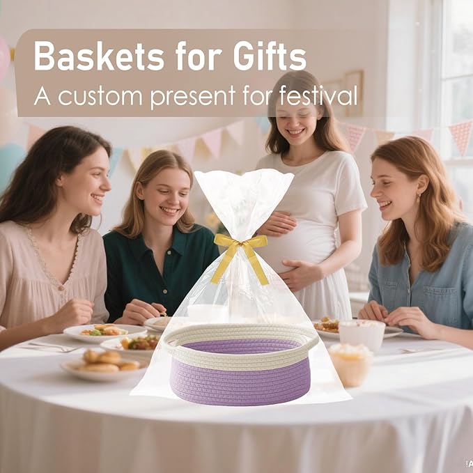 Woven Basket,Small Rope Storage Bin with Handles & Ribbon Bag, Organizer for Shelves Closets,Gift Basket Empty for Birthday,Books,Dog Toys, White&Purple