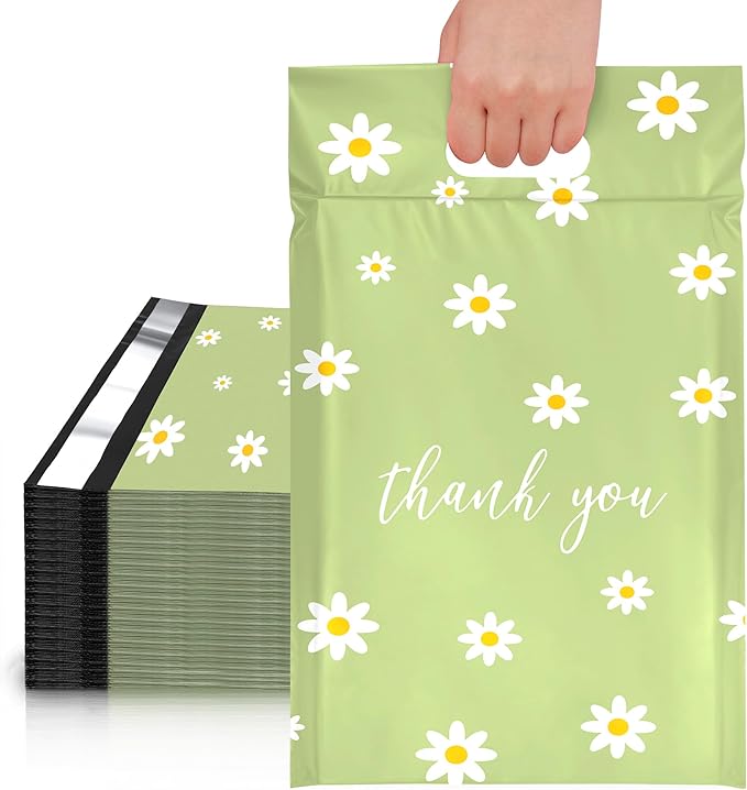 JinRuiKJ Poly Mailers with Handle 14.5x19 Inch 50 Pcs, Easy to Carry Packaging Bags for Small Business, Thank You Shipping Bags with Self Adhesive Strip, Tearproof and Waterproof - Chrysanthemum