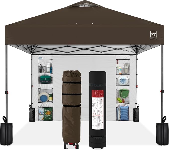 Best Choice Products 10x10ft Easy Pop Up Canopy w/Side Wall, 10 Pockets, Portable Carrying Case, 1-Button Setup, 4 Weight Bags - Brown