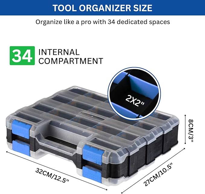 Andalus Tools Organizer Box, Small Parts Storage 34-Compartment Double-Sided Portable Hardware Organizer Removable Plastic Dividers for Screws, Nuts, Bolts, Nails – Blue (2 Pack, 12.5" x 10.5" x 3")