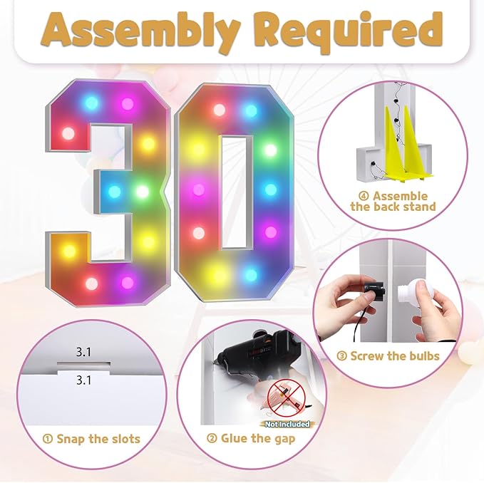 Marquee Numbers Colorful 30th Birthday Decoration: 4FT Large Light Up 30 Year Old Birthday Decorations Anniversary Backdrop Cardboard Sign 18 Colors Number 30 Mosaic Balloon Frame