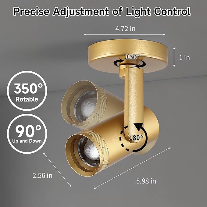 12W LED Gold Dimmable Zoomable Ceiling Spotlight Indoor – Adjustable Surface Mount Accent Light for Corridor, Living Room, Plants & Painting | Warm White 3000K CRI 97, Flicker-Free, 2 Packs