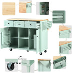Yayzy Rolling Kitchen Island with Drop Leaf & Cabinet Door Storage Racks, 53” Kitchen Cart with 3 Drawers, Rubberwood Top, Locking Wheels, for Kitchen and Dining Room, Mint Green