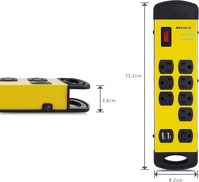 Oviitech 8 Outlets Mountable Heavy Duty Surge Protector Metal Power Strip with 2 USB Charging Ports(2.4A),1800 Joules with 6 Foot Long Extension Cord, Yellow&Black,ETL Listed