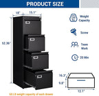 File Cabinet - 4 Drawers Vertical 17.8" Deep Lockable Filing Cabinet Black Metal Storage Cabinets for Home Office to Hanging Files Letter/Legal/F4/A4 Size