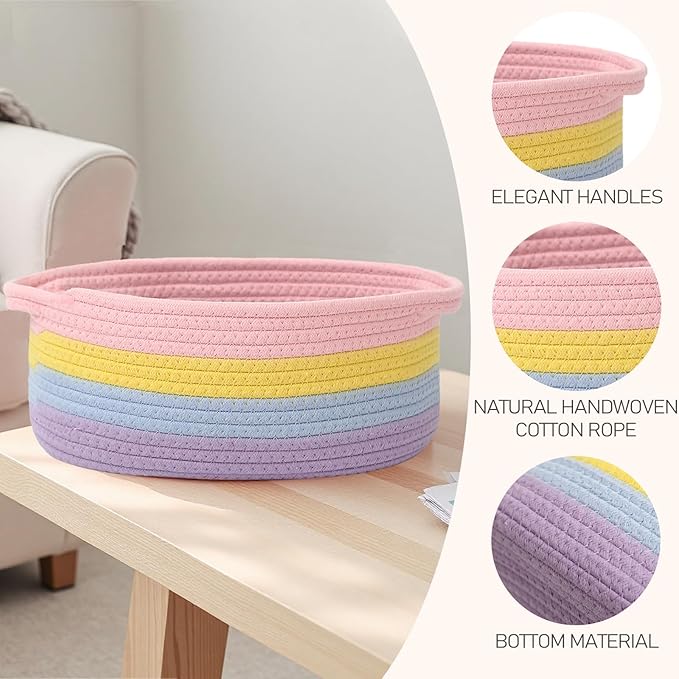 Woven Basket,Small Rope Storage Bin with Handles & Ribbon Bag, Organizer for Shelves Closets,Gift Basket Empty for Birthday,Books,Dog Toys, Rainbow/3 Pack