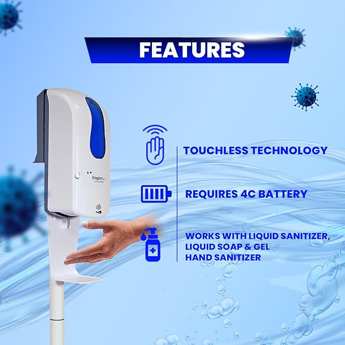 Kingdom Elite Series Automatic Touchless Hand Sanitizer Dispenser with Three Adjustable Dosage Settings Plus a White Metal Stand for Your Liquid and Gel Hand Sanitizers (Plain/Non-Personalized)