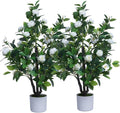Artificial Camellia Tree 35in Faux Floral Plant with White Flowers and Green Leaves - No Maintenance Indoor Outdoor Office Home Porch Decor Housewarming Gift(2Pack，White)