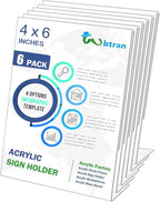 Slanted Back Acrylic Sign Holder 4 x 6, Clear Tabletop Stands for Display, Plastic Paper Sign Holders for Office, Home, Restaurant (6 Pack)