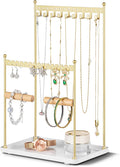 Jewelry Tower Necklace Holder Organizer – 3-Tier Jewelry Display Rack with Storage Tray – Holds 22 Pairs of Earrings, Bracelets, Rings, Necklaces – Gift for Girls & Women, Gold