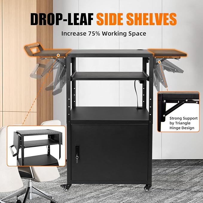 Large Mobile AV Cart with Locking Cabinet and Drop Leaves, Height Adjustable Steel AV Cart with Wheels and Power, Rolling Computer Cart with Pullout Keyboard Tray for Office, Warehouse&Classroom