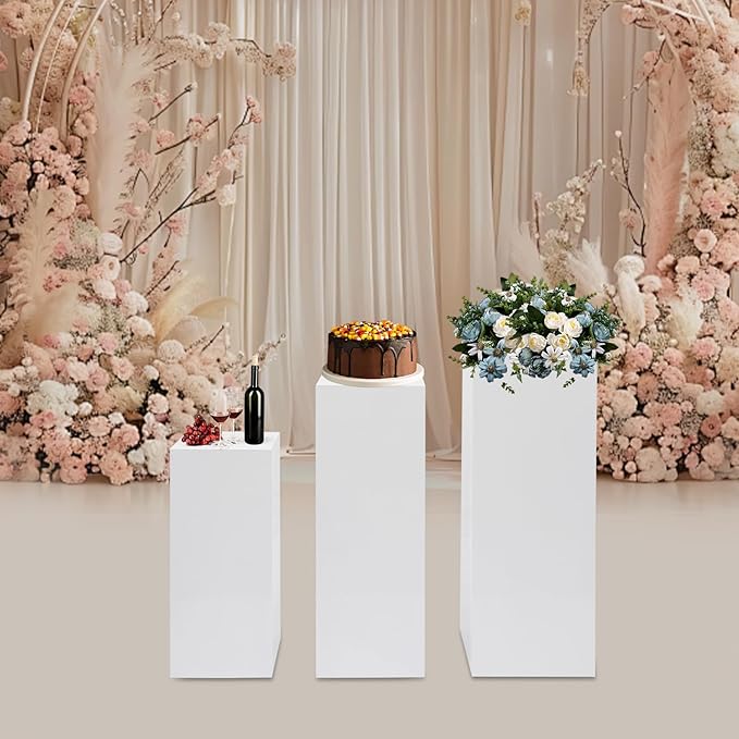 3PCS Metal White Display Pedestal Stand, Square Tall Pedestal Cake Stands Pillars, White Sculpture Display Stand Column Decoration for Wedding Parties Baby Shower Birthday