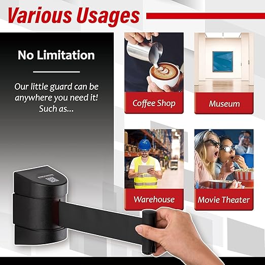 DuraSteel Wall Mount Retractable Belt Barrier - 6.5 Ft Black Safety Belt in Black Casing - Guardian 2.0 Indoor & Outdoor Do Not Cross Caution Tape for Crowd Control Queue Barrier, Line Divider, 10 Pcs