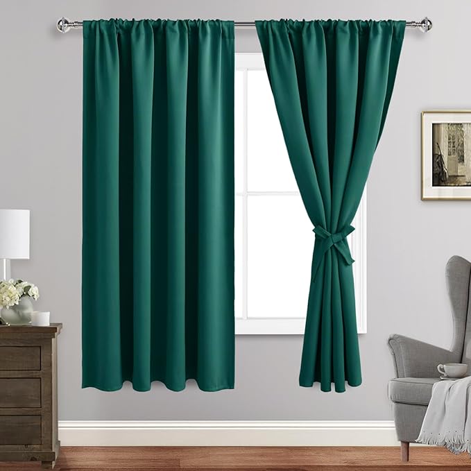 JIUZHEN Christmas Blackout Curtains for Bedroom - Thermal Insulated Room Darkening Rod Pocket Curtains for Living Room, Set of 2 Panels with Tiebacks, 52 x 63 Inch Length, Forest Green