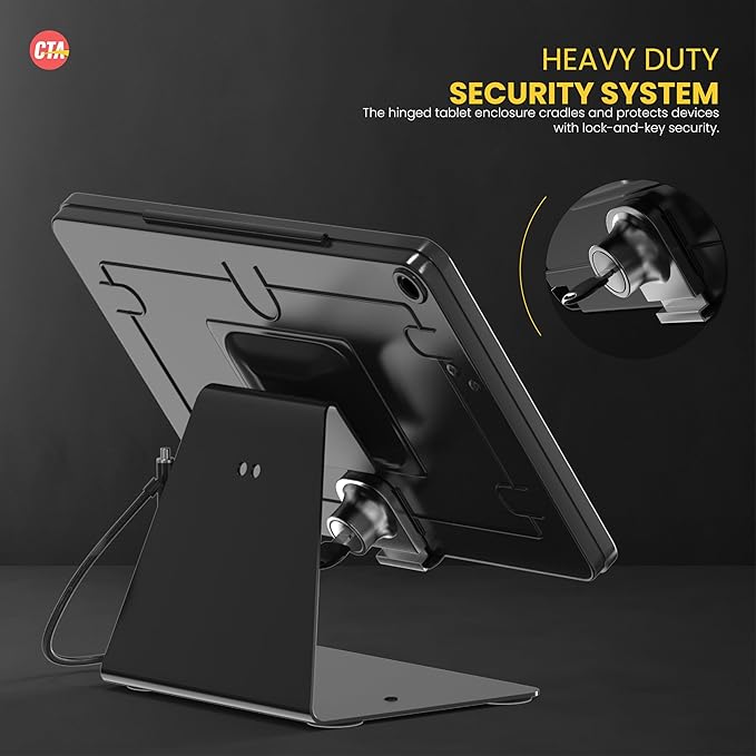 CTA Digital Desktop Anti-Theft Stand – Kiosk Stand with Stylus, Tether, and Aluminum Enclosure for iPad 11th Gen A16 11” - 10th Gen 10.9” - Air 4th & 5th Gen - 11” Pro & More - Black (PAD-DASB109)