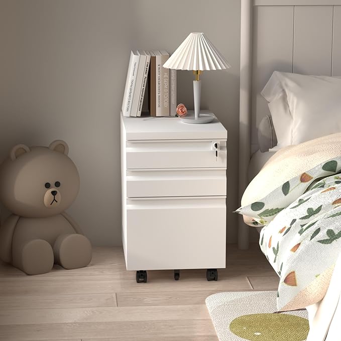 3 Drawer File Cabinet with Lock, Metal Mobile Filing Cabinet on Wheels, Under Desk Storage Cabinet for Home Office, Deep Drawers for Letter/Legal/A4 Files with Anti-Tip Design (White)