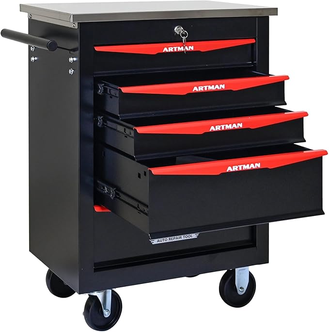5-Drawer Heavy-Duty Rolling Steel Tool Cart with Handle&Wheels, Metal Storage Organizer Cabinet, Tool Chest for Efficient Tool Storage in Garage, Warehouse, Workshop, Repair Shop, Black&RED
