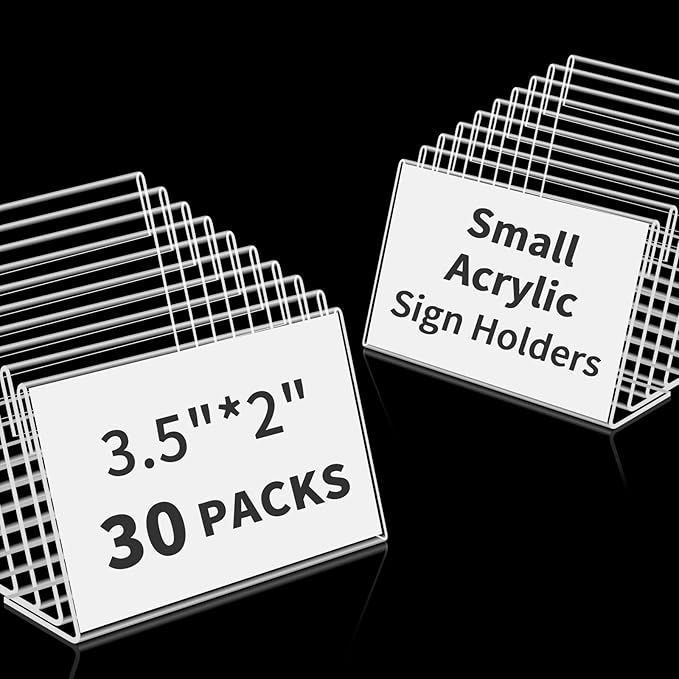 30 PCS Small Acrylic Sign Holder 3.5" x 2", Mini Acrylic Food Sign Labels for Party Buffet, Retail Price Display Holder, Clear Plastic Table Counter Top Stand for Place Cards, Name Card, Wedding Signs