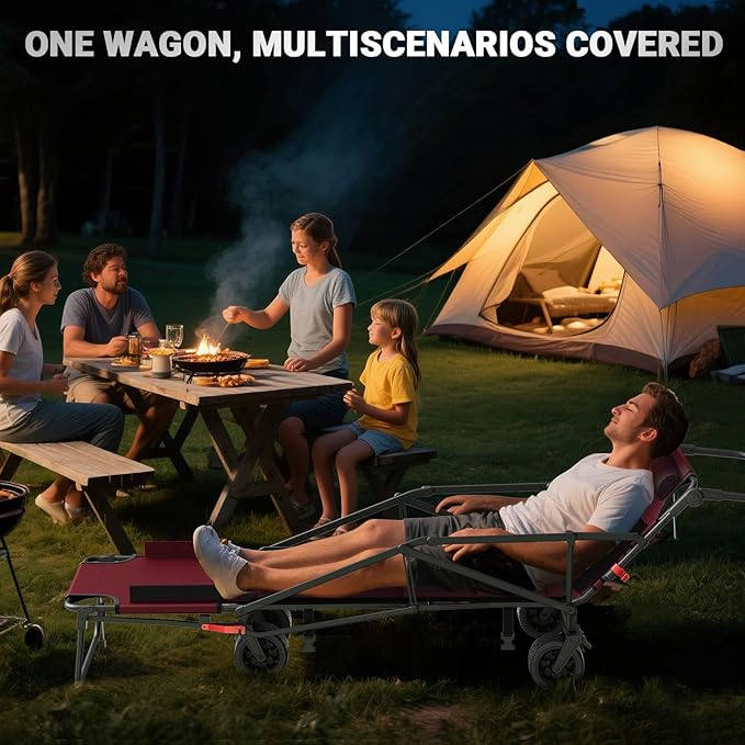 LEVELEVE Heavy Duty Folding Wagon - 2-in-1 Collapsible Cart, 650lb Capacity, All-Terrain Wheels w/Brakes & Side Pockets (Red)