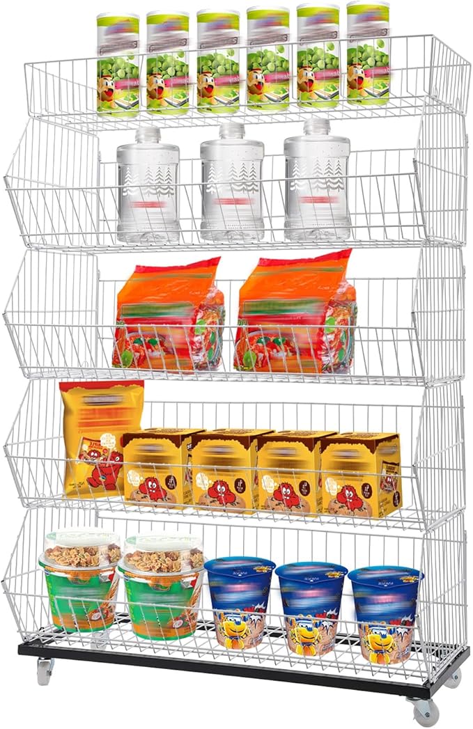 5 Tier Retail Display Rack, Rolling Storage Rack 5 Layers 35.43*16.93*53.54in Metal Display Shelf Fruit Vegetable Snack Basket Storage Supplies for Home Store Market (White, 90*43*136cm)