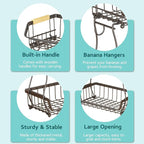 2 Tier Fruit Basket with 2 Banana Hangers, Detachable Countertop Fruit Bowls for Kitchen Counter, Metal Wire Fruit Vegetable Storage Holder Stand with Wooden Handles for Bread, Snacks, Veggies