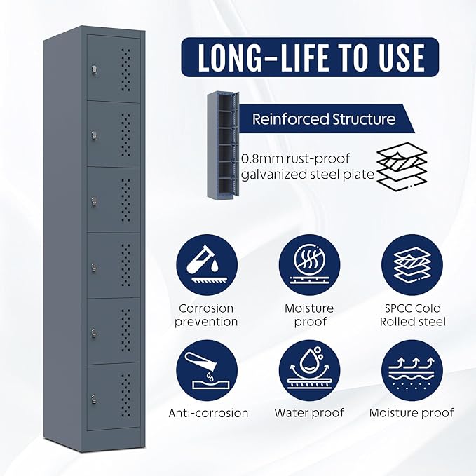 Metal Locker Storage Cabinet with 6 Doors, 71'' Tall Lockable Lockers Storage Cabinet, Employee Lockers with Doors for Utility Closet, Office, School, Gym, School