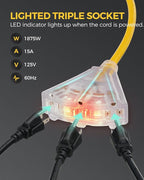 Retractable Extension Cord Reel, 40 FT Heavy Duty Power Cord, 12AWG/3C SJTOW, 3 Grounded Outlets Lighted Triple Tap, 15 Amp Circuit Breaker, UL Listed, Yellow Y40CR06