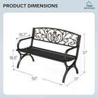 MFSTUDIO 50 Inches Outdoor Garden Bench, Cast Iron Metal Frame Patio Park Bench with Floral Pattern Backrest, Arch Legs for Porch, Lawn, Yard-Bronze