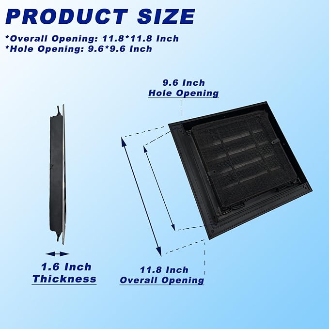 12"*12" Gable Vent,Aluminum Alloy Wall Vent Shed Vents,with Removable Strainer and 180 Degree Opening Angle.Ideal for Attic,Shed,Garage,Play House,Coop.[Inside Dimensions:9.5"w X 9.5"h]-Black 2 Pack