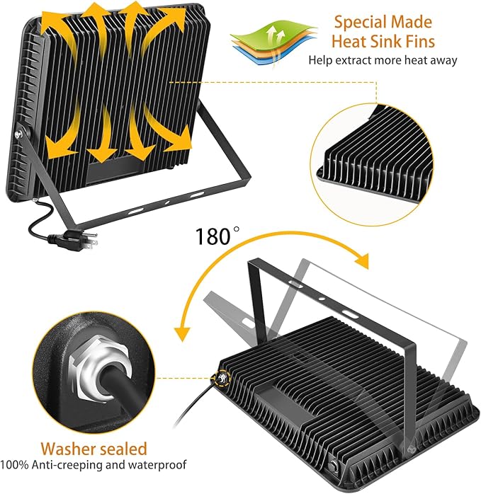 2 Pack 300W Warm White Led Flood Lights Outdoor,3000K Super Bright 43500LM Security Lights with Plug,Exterior IP66 Waterproof FloodLight for Basketball Court, Yard, Garden, Playground